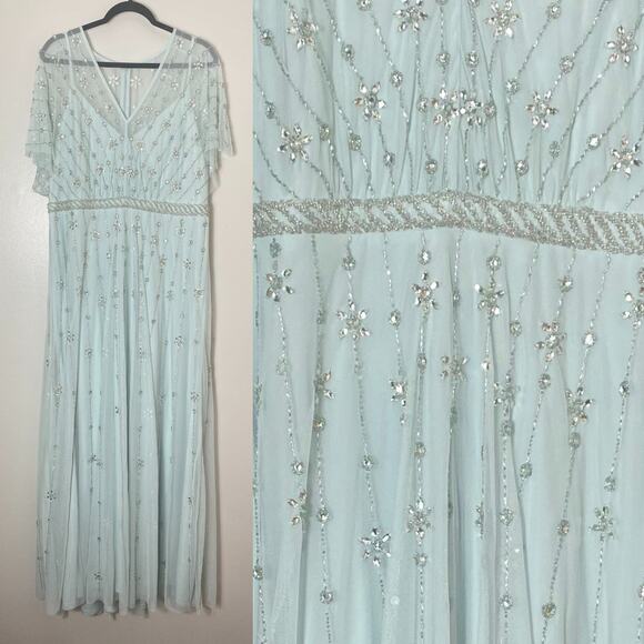 NWT MAC DUGGAL DRESS 14 BLUE V NECK EMBELLISHED FLUTTER SLEEVE A LINE GOWN 9223 - Picture 1 of 15